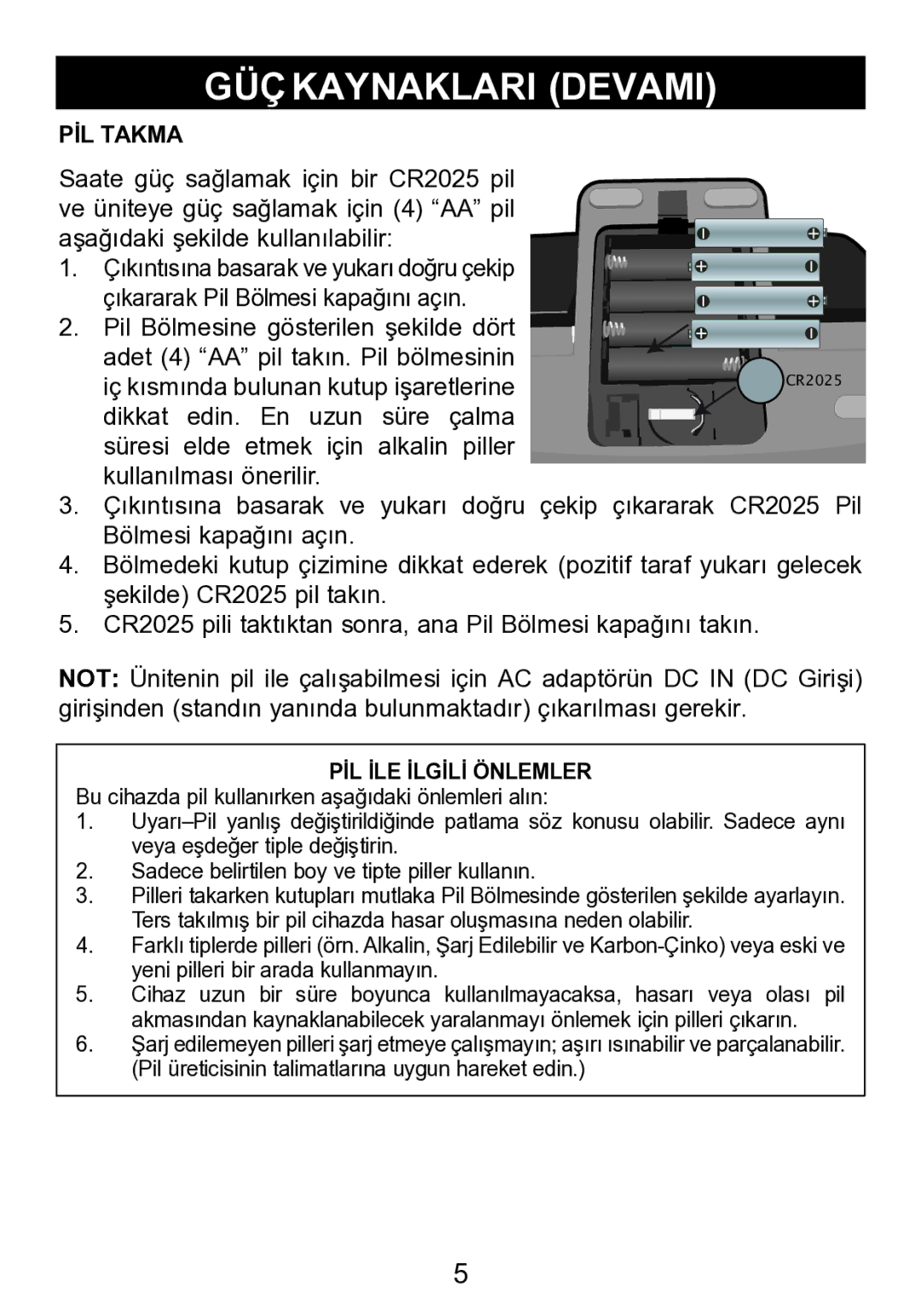 Memorex mi2290 manual GÜÇ KAYNAKLARI Devami, PİL İLE İlgİlİ Önlemler 